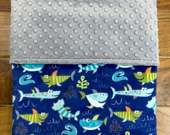 Shark Baby Blanket, Ocean Themed Minky Blanket, Personalized Sharkies and Fish Baby Gift, Shark Baby Shower Nursery, Under the Sea Baby Gift