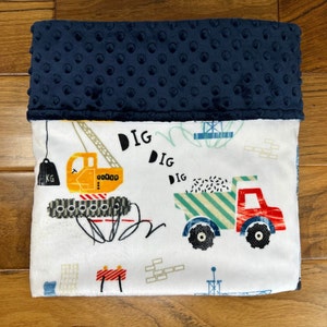 Work Zone Excavator Baby Blanket, Personalized Construction Vehicles Minky Blanket with Dump Trucks Cranes, Baby Shower Gift for Boy