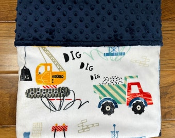 Work Zone Excavator Baby Blanket, Personalized Construction Vehicles Minky Blanket with Dump Trucks Cranes, Baby Shower Gift for Boy