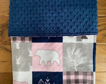 Pink Woodland Minky Baby Blanket, Buffalo Check Gift for Girl, Forest Animals Nursery Baby Shower Gift, Moose Bear Outdoors Navy Blanket