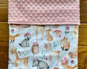 Woodland Baby Girl Minky Blanket, Personalized Forest Animals
