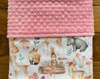 Personalized Woodland Animals Minky Baby Blanket, Girl Nursery Decor
