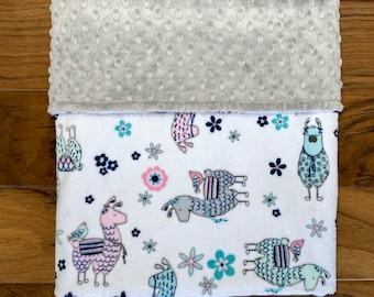 Llama Minky Baby Blanket, Personalized Baby Girl Blanket, Monogrammed Llama Blanket, Gray Pink Llamas Baby Shower Gift, Llama Nursery Decor