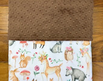 Woodland Animals Baby Blanket, Personalized Minky Blanket, Brown Dot Back