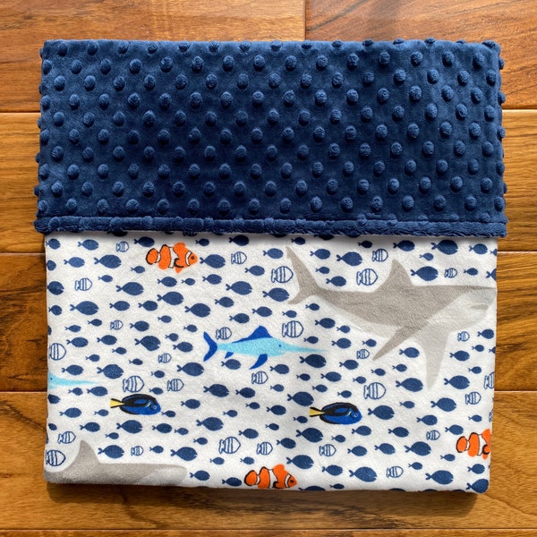 Ocean Minky Baby Blanket, Personalized Underwater Animals Blanket, Sea Life Baby Shower Nursery Decor, Navy Shark Fish Baby Boy Blanket