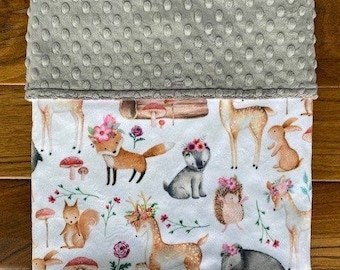 Woodland Animals Baby Girl Blanket, Personalized Minky Blanket for Girl, Forest Baby Shower Gift, Woodland Theme Baby Girl Gift with Deer