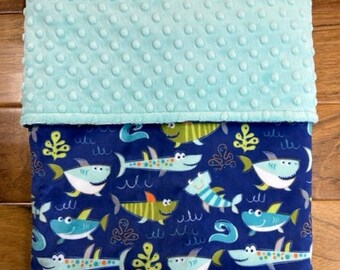 Ocean Themed Minky Blanket, Shark Baby Blanket, Personalized Sharkies and Fish Baby Gift, Shark Nursery Baby Shower, Under the Sea Baby Gift