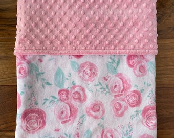Personalized Pink Floral Baby Blanket, Baby Girl Minky Blanket with Roses, Embroidered Baby Shower Gift, Flower Toddler Blanket, Child Gift