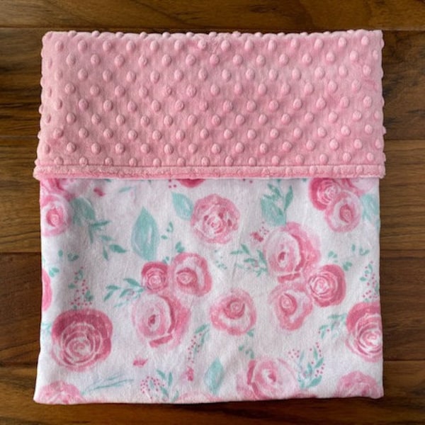 Personalized Pink Floral Baby Blanket, Baby Girl Minky Blanket with Roses, Embroidered Baby Shower Gift, Flower Toddler Blanket, Child Gift