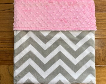 Personalized Minky Baby Girl Blanket, Chevron Baby Shower Gift for Girl, Pink and Gray Chevron Girl Blanket, Custom Minky Chevron Blanket