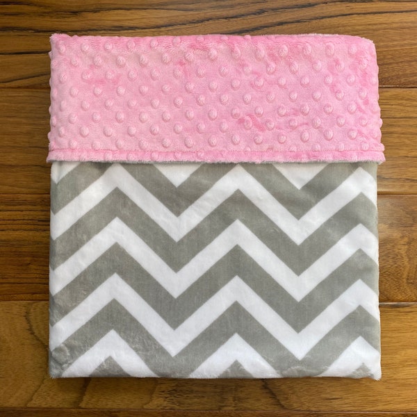 Personalized Minky Baby Girl Blanket, Chevron Baby Shower Gift for Girl, Pink and Gray Chevron Girl Blanket, Custom Minky Chevron Blanket