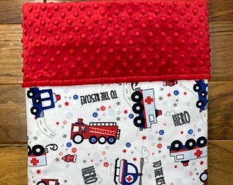 First Responder Minky Baby Blanket, Personalized Rescue Workers and Heroes Blanket, Blanket with Fire Engines and Police Cars, Toddler Gift