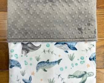 Blanket with Whales Dolphins Sea Turtles, Ocean Minky Baby Blanket, Personalized Underwater Animals Blanket, Sea Life Baby Shower Gift