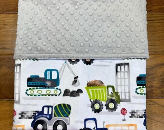 Personalized Construction Baby Blanket for Boy or Girl, Minky Blanket with Tractors and Trucks, Blanket for Toddler Child, Baby Shower Gift