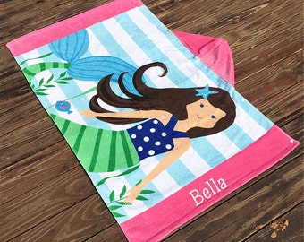 Mermaid Hooded Beach Towel, Child's Pool Towel with Hood, Wrap Around Striped Mermaid Bath Towel with Name, Christmas Gift for Child