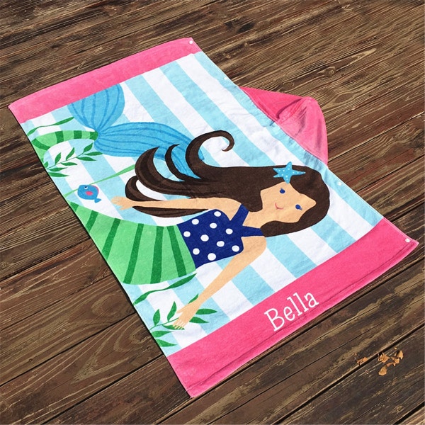 Mermaid Hooded Beach Towel, Child's Pool Towel with Hood, Wrap Around Striped Mermaid Bath Towel with Name, Christmas Gift for Child