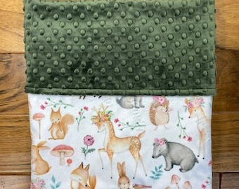 Forest Animals Baby Girl Blanket, Personalized Minky Blanket for Girl, Woodland Baby Shower Gift, Woodland Baby Girl Gift, Deer Baby Blanket