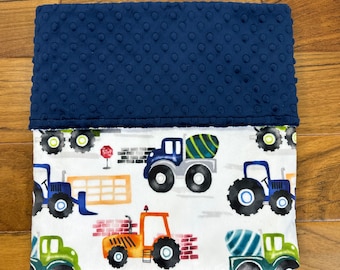 Minky Blanket with Tractors and Trucks, Personalized Construction Blanket for Boy or Girl, Navy Blanket for Toddler  Child, Baby Shower Gift