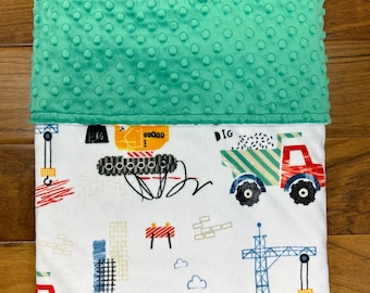 Construction Site Baby Blanket, Work Zone Excavator Baby Gift, Personalized Minky Blanket with Dump Trucks Cranes, Construction Shower Gift