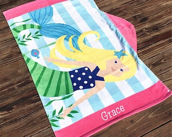 Hooded Mermaid Beach Towel, Child's Pool Towel with Name & Hood, Personalized Wrap Around Bath Towel, Childs Birthday or Christmas Gift