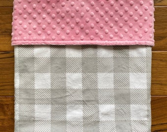 Buffalo Check Minky Girl Blanket, Gray and Pink Buffalo Plaid Baby Blanket, Personalized Lumberjack Blanket for Girl, Check Baby Shower Gift