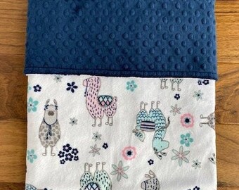 Llama Baby Girl Blanket, Personalized Minky Blanket for Girl with Llamas, Llamas Baby Shower Gift, Llamas Nursery Decor, Pink Navy Blanket