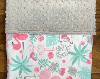 Flamingo Blanket for Girl, Personalized Minky Flamingos Blanket, Flamingo Nursery Baby Shower Gift, Pink and Gray Blanket with Flamingoes