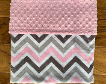 Pink Gray Chevron Minky Baby Blanket, Personalized Chevron Shower Gift, Blanket with Name for Girl, Gray and Pink Stripe Blanket for Girl,