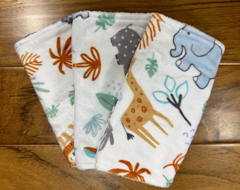 Jungle Animal Burp Cloth Set, Safari Burp Cloths, Minky Burp Cloths with Jungle Animals, Animal Baby Shower Gift, New Baby Spit Up Rags