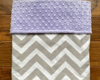 Chevron Minky Baby Girl Blanket with Name, Gray Chevron Baby Shower Gift for Girl, Gray Lavender Baby Blanket, Newborn Baby Girl Gift