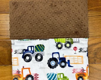 Personalized Construction Baby Blanket for Boy or Girl, Minky Blanket with Tractors and Trucks, Blanket for Toddler Child, Baby Shower Gift
