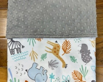 Jungle Friends Minky Baby Blanket, Personalized Safari Animals Blanket, Wild Animals Baby Shower Gift, Elephant Zebra Giraffe Lion Blanket