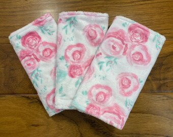 Minky Floral Baby Burp Cloth Set, Baby Girl Minky Burp Rags with Pink Roses, Baby Girl Shower Gift, Set of Three Floral Burp Cloths