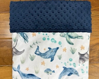 Ocean Minky Baby Blanket, Personalized Underwater Animals Blanket, Sea Life Baby Shower Nursery Decor, Navy Dolphin Turtle Fish Baby Blanket