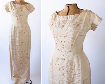 1950s Dress, Vintage Bridgerton Dress, 1950s Champagne Gown, 1950s Wedding Dress, Regency Dress, 1950s Formal Dress, 1950s Sheath Gown