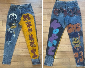 1990s Hand Painted Denim Jeans, Vintage 1993 Graduation Painted Jeans, Vintage Mickey Mouse Jeans, 1990s Graffiti Denim Jeans, 1990s Mickey