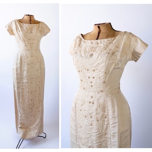 Vintage 1950s Beaded Champagne Gown: Silk Regency Dress