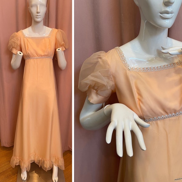 1970s Sylvia Ann Prom Dress, 1970s Cottage Core, 1970s Peach Organza Gown, 1970s Bridesmaids Dress, 1970s Gown, 1970s Formal Dress, 1970s