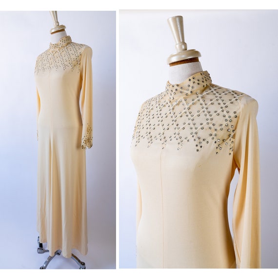 vintage 1970s teal maxi dress RHINESTONE bodice / dolman sleeves Disco gown XS