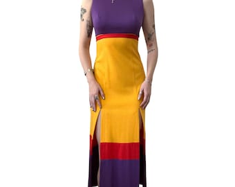 Sukienka maxi Lanz Original Colorblock z lat 70.: vintage z podwyższoną talią