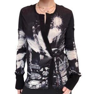 Y2K Jean Paul Gaultier Maille Femme Mesh Wrap Top – Eiffel Tower + Pigalle Print, Vintage Jean Paul Gaultier Paris Print Top Runway