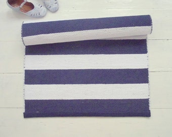 Navy White Runner Rug, Nautical Rug, Natural Cotton Rug, Kitchen Rug, White and Blue Scandinavian Rug, Handmade, Washable, Made to Order