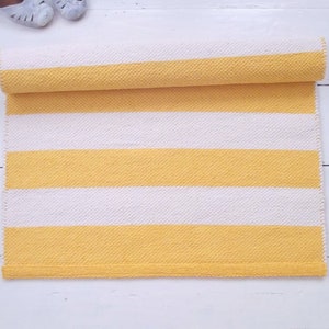 Yellow White Runner Rug, Striped Rug, Natural Cotton Rug, Nursery Rug, Scandinavian Rug, Bedroom Rug, Kids Rug,  Made to Order