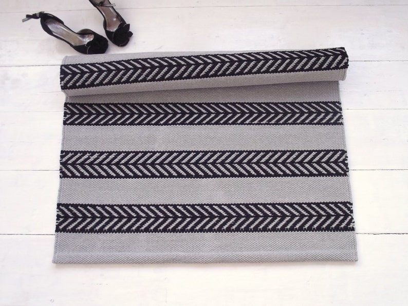 Black Grey Entryway Rug, Scandinavian Rug, Kitchen Rug, Handmade Rug, Natural Cotton Rug, Washable Rug, Handmade Rug, Made to Order image 1