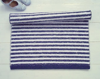 Navy Blue and White Striped Rug, Nautical Cotton Rug, Scandinavian Rug, Entryway Rug, Kitchen Rug, Kids Rug, Handmade Rug, Made to Order