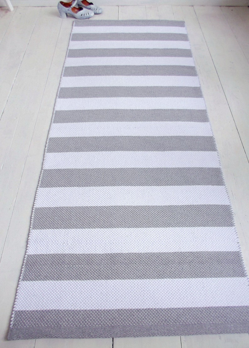Striped Runner Rug White and Grey Cotton Rug Scandinavian Etsy