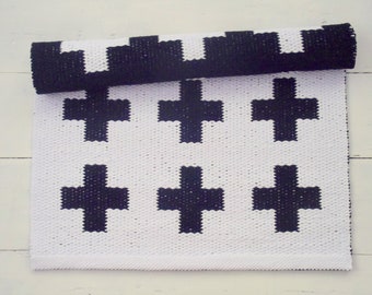 Black White Swiss Cross Rug, Plus Sign Rug, Living Room Rug, Bedroom Rug, Accent Rug, Natural Cotton Rug, Handmade Rug, Made to Order
