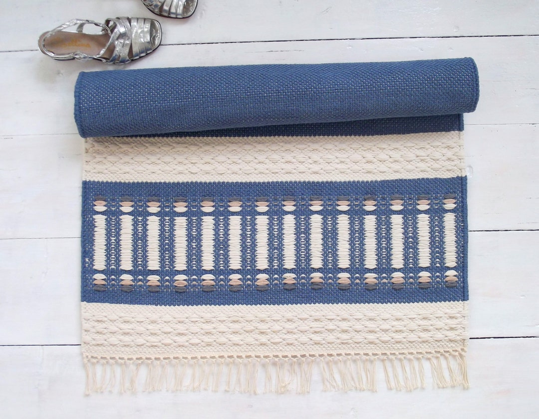 Small Blue Kitchen Rug, Bedroom Rug, Natural Cotton Rug, Blue and Ivory
