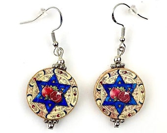 Passover Earrings, Passover Jewelry, Pomegranate Earrings, Pomegranate Jewelry, Pesach Earrings, Star of David, Magen David, Am Yisrael Chai