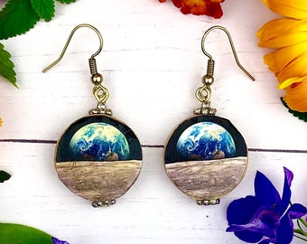 Earthrise Earrings, Earth Day Earrings, Apollo Earthrise Earrings, Earth-Moon Dangle Earrings, Space Themed Earrings, Earth Dangle Earrings
